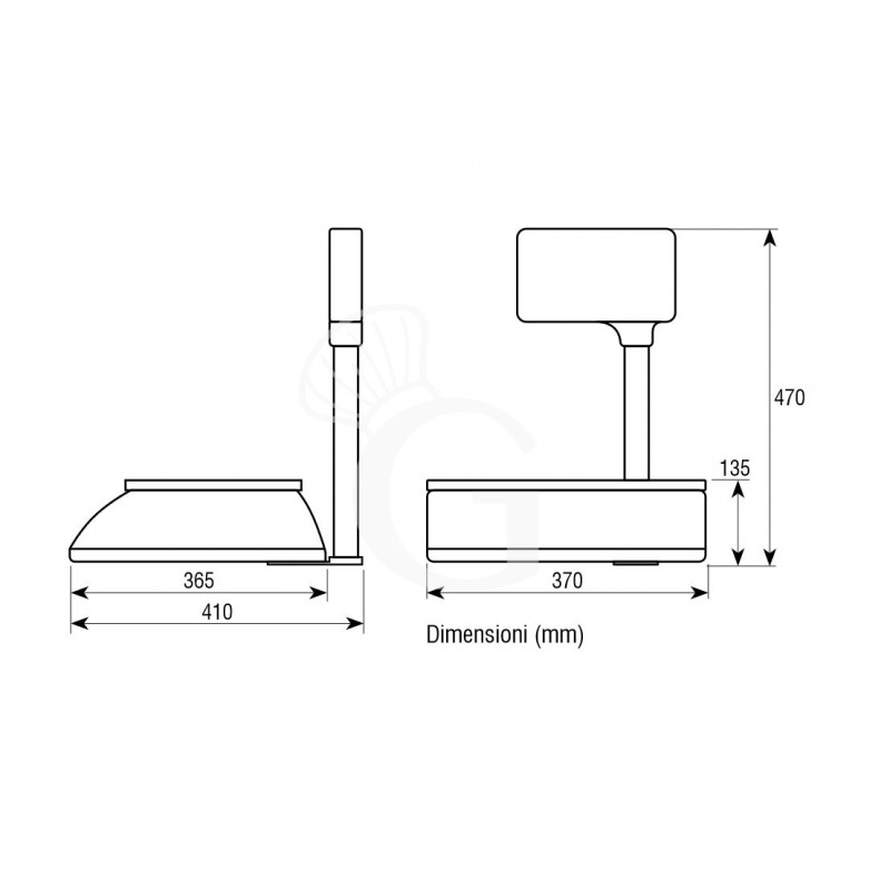 Bilancia commerciale visore a colonna stampante portata 30 Kg precisione 5/10 g L 370 mm x P 410 mm x H 470 mm, scheda tecnica