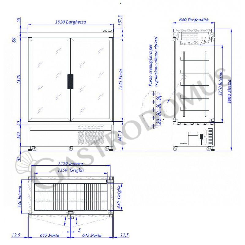 Espositore Refrigerato Pasticceria Statico 935 LT +2°C/+10°C 4 lati vetro 2 porte
