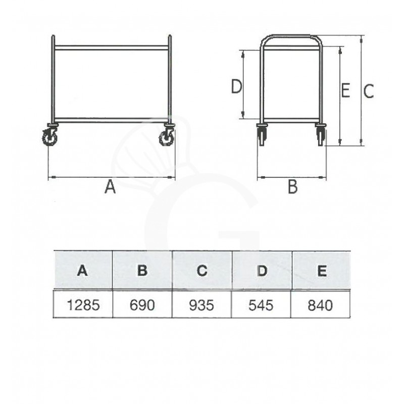 Scheda tecnica carrello di servizio in acciaio inox con 2 piani L 1285 mm x P 690 mm x H 935 mm