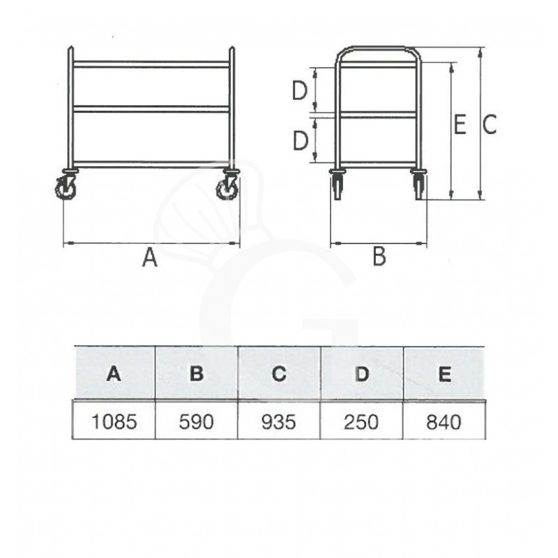 Scheda tecnica carrello di servizio in acciaio inox con 3 piani L 1085 mm x P 590 mm x H 935 mm
