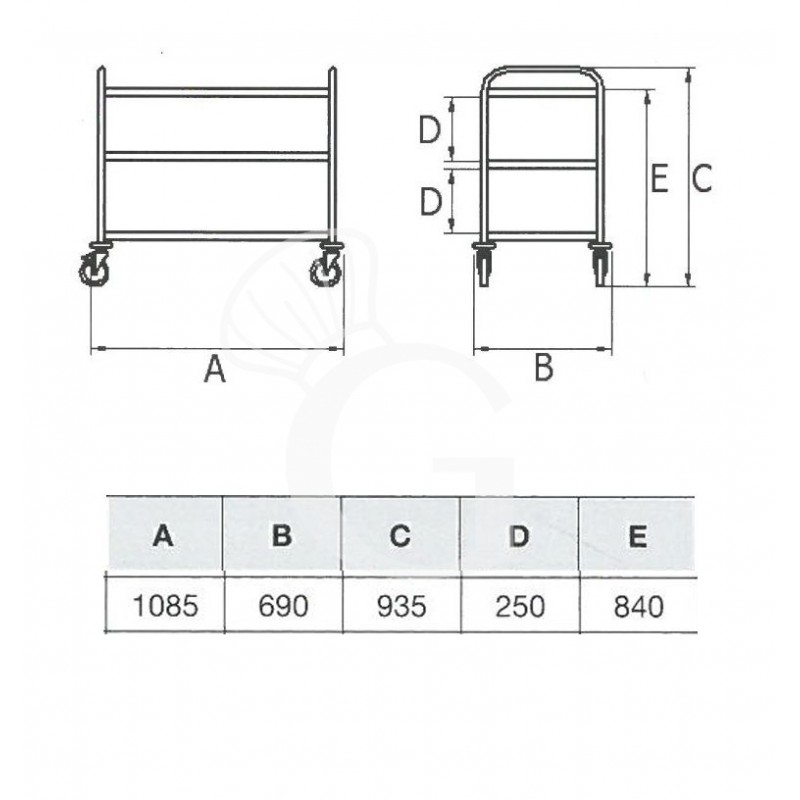 Scheda tecnica carrello di servizio in acciaio inox con 3 piani L 1085 mm x P 690 mm x H 935 mm