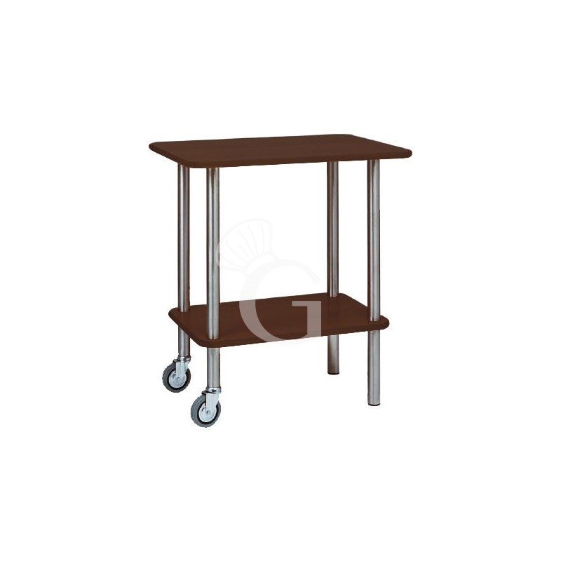Carrello di servizio Gueridon in acciaio inox, ripiani color wengè, due ruote, L 700 mm x P 500 mm x H 780 mm
