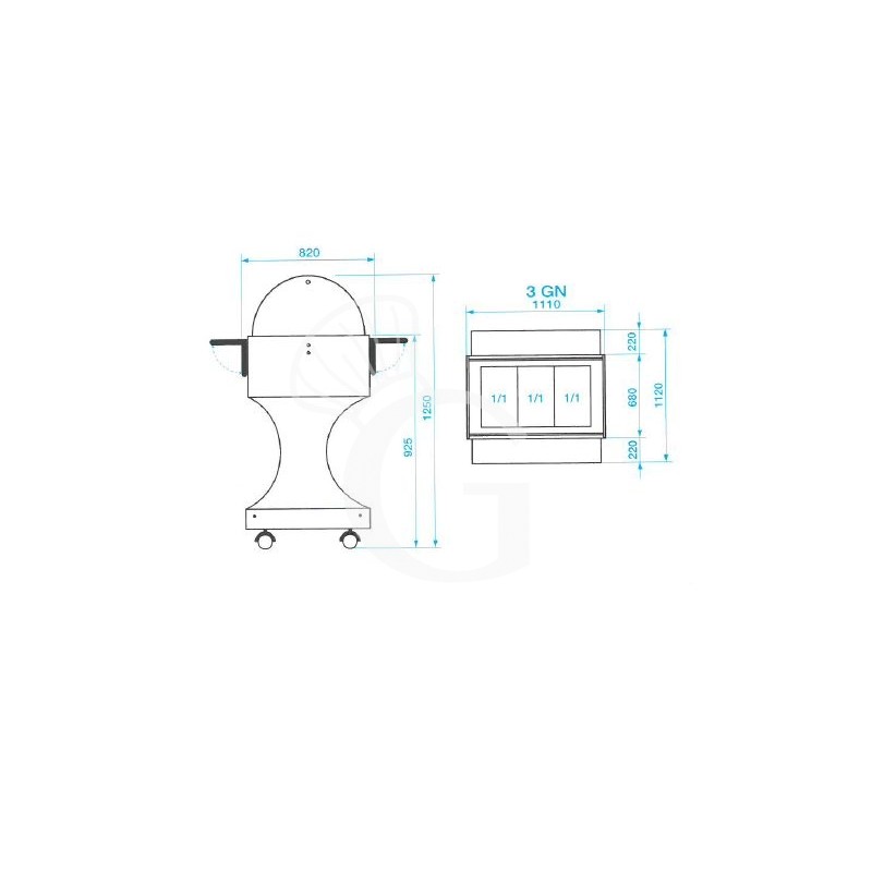 Scheda tecnica carrello refrigerato in legno con cupola in plexiglass -5°C/+5°C - L 1110 mm x P 1120 mm x H 1250 mm
