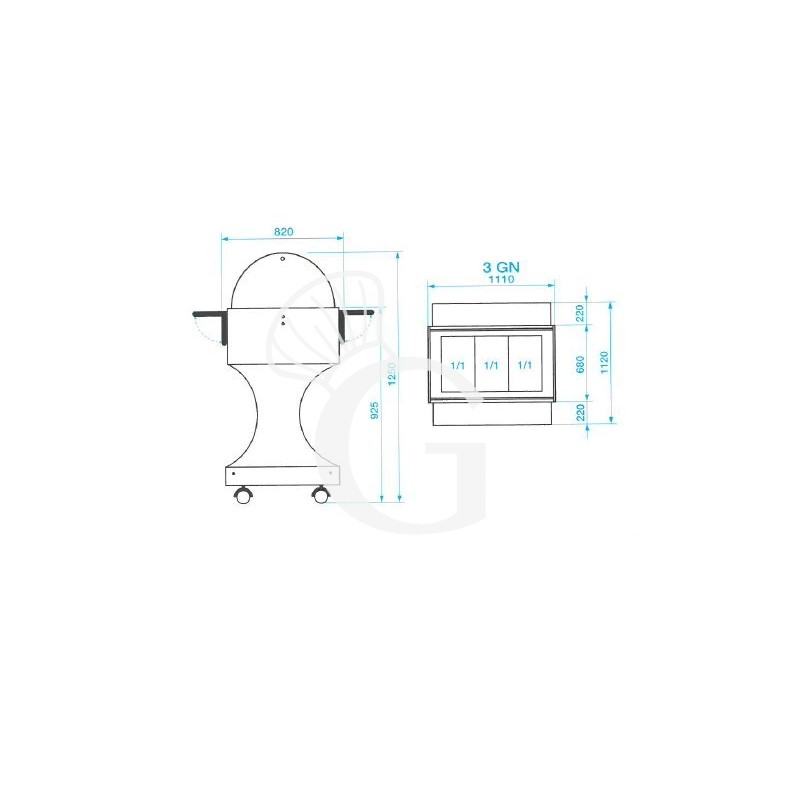 Scheda tecnica carrello refrigerato in legno con cupola in plexiglass +2°C/+10°C - L 1110 mm x P 1120 x H 1250 mm
