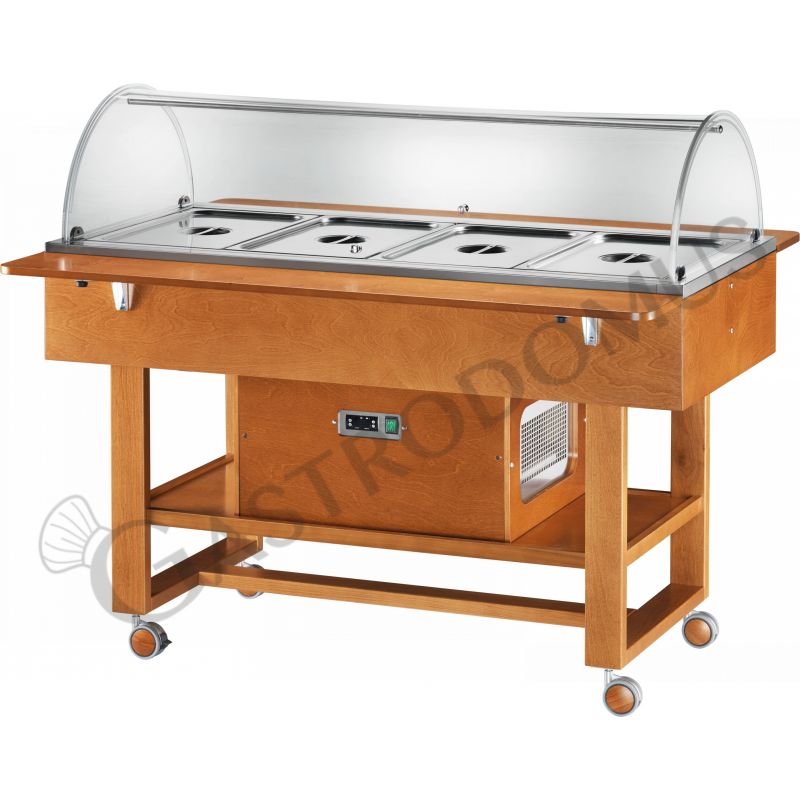 Carrello espositore refrigerato in legno con cupola in plexiglass -5°C/+5°C - L 1480 mm x P 1120 mm x H 1250 mm, color noce Carrello espositore refrigerato in legno con cupola in plexiglass -5°C/+5°C - L 1480 mm x P 1120 mm x H 1250 mm, color noce