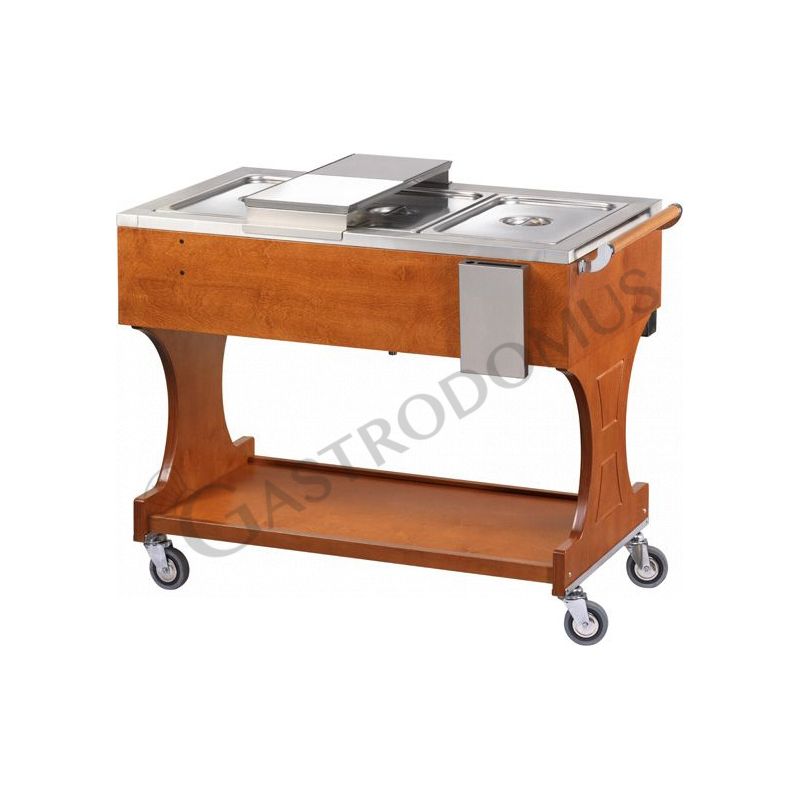 Espositore caldo bagnomaria in noce per 3 bacinelle GN1/1 - L 1230 mm x P 650 mm x H 950 mm, color noce Espositore caldo bagnomaria in noce per 3 bacinelle GN1/1 - L 1230 mm x P 650 mm x H 950 mm, color noce