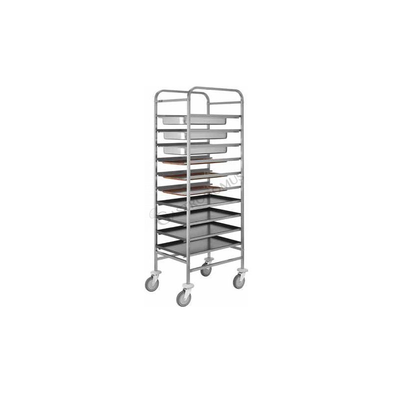 Carrello portavassoi in inox per 10 bacinelle GN1/1, teglie 60x40, vassoi GN, L 680 mm x P 520 mm x H 1750 mm