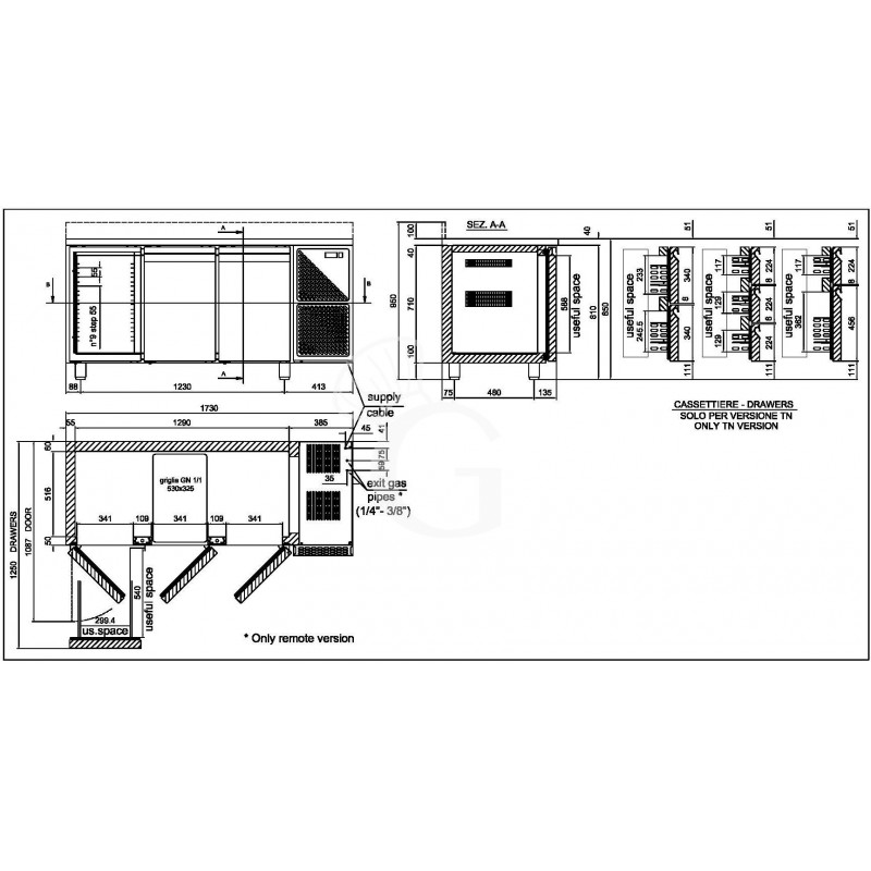 Tavolo refrigerato 3 porte piano in acciaio inox prof.600 TN