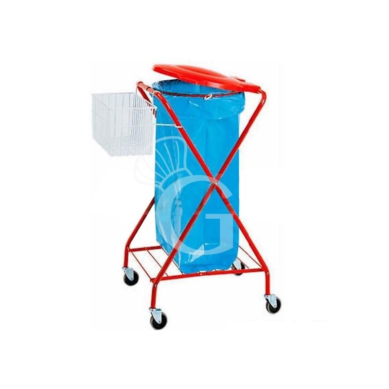 Carrello portasacco verniciato a forma di X con cestino L 580 mm x P 560 mm x H 1020 mm