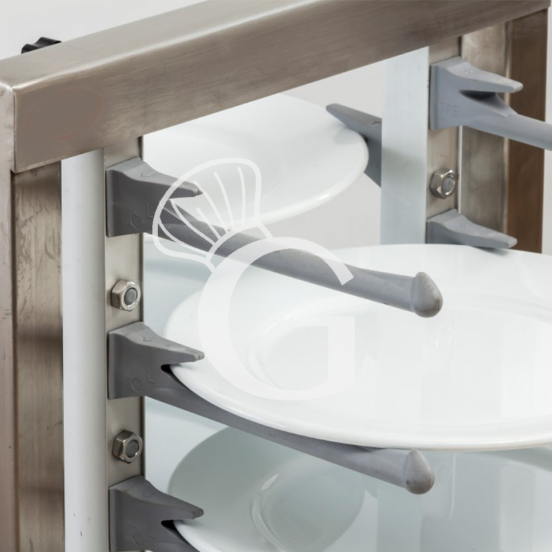 Dettaglio carrello portapiatti in inox e alluminio - L 720 mm x P 720 mm x H 1820 mm
