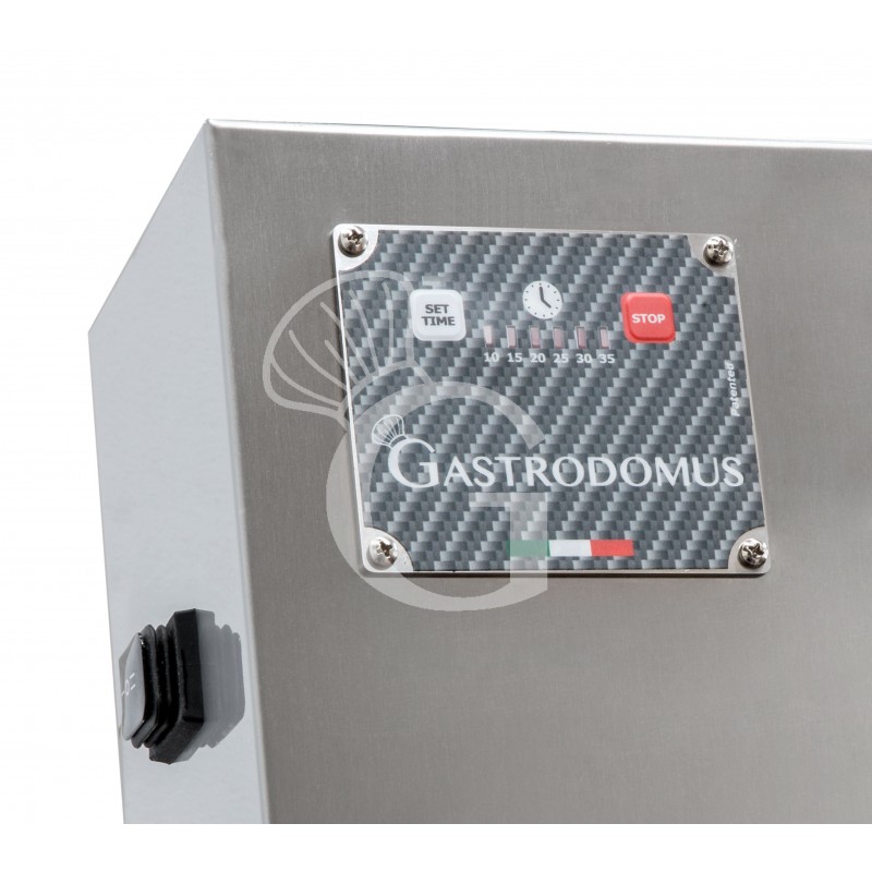 Dettaglio stendipizza in inox con rulli inclinati in PEHD per pizze diam. 26/40 cm avviamento automatico