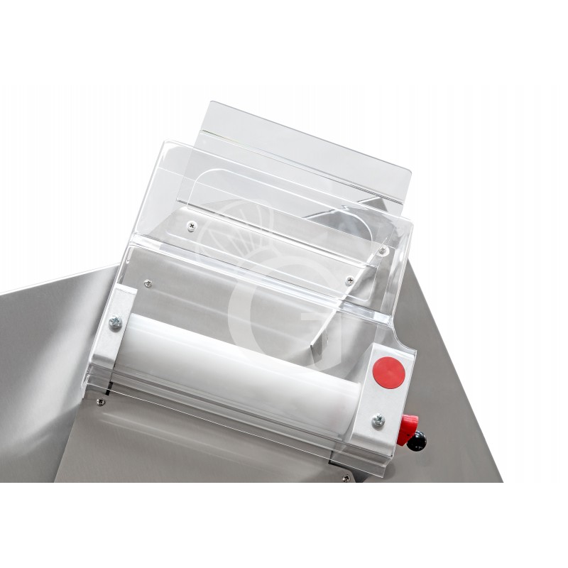 Dettaglio stendipizza in inox con rulli inclinati in PEHD per pizze diam. 26/40 cm avviamento automatico