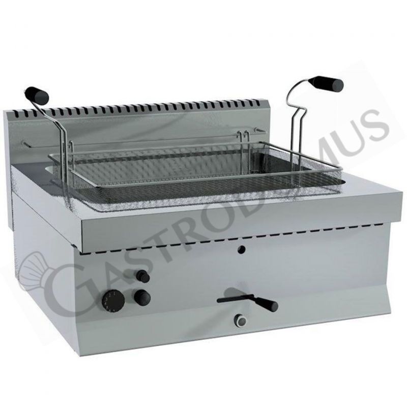 Friggitrice a gas per pasticceria da banco 1 vasca 21 LT L 700 mm x P 650 mm x H 285 mm Friggitrice a gas per pasticceria da banco 1 vasca 21 LT L 700 mm x P 650 mm x H 285 mm