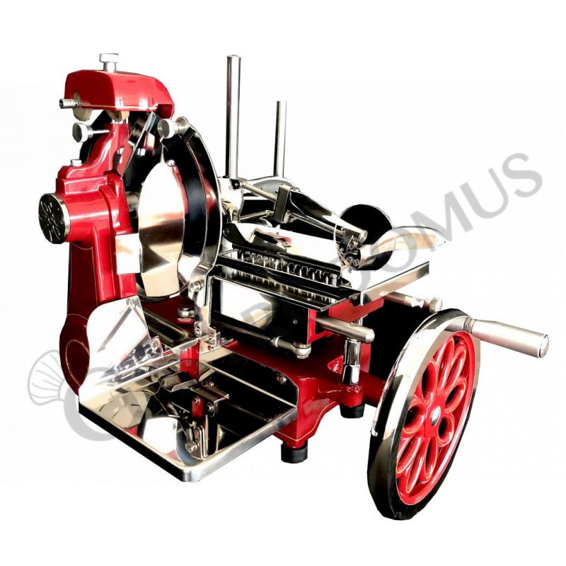 Affettatrice a volano in alluminio con verniciatura a fuoco, lama diametro 350 mm, taglio utile L 270 x H 240 mm