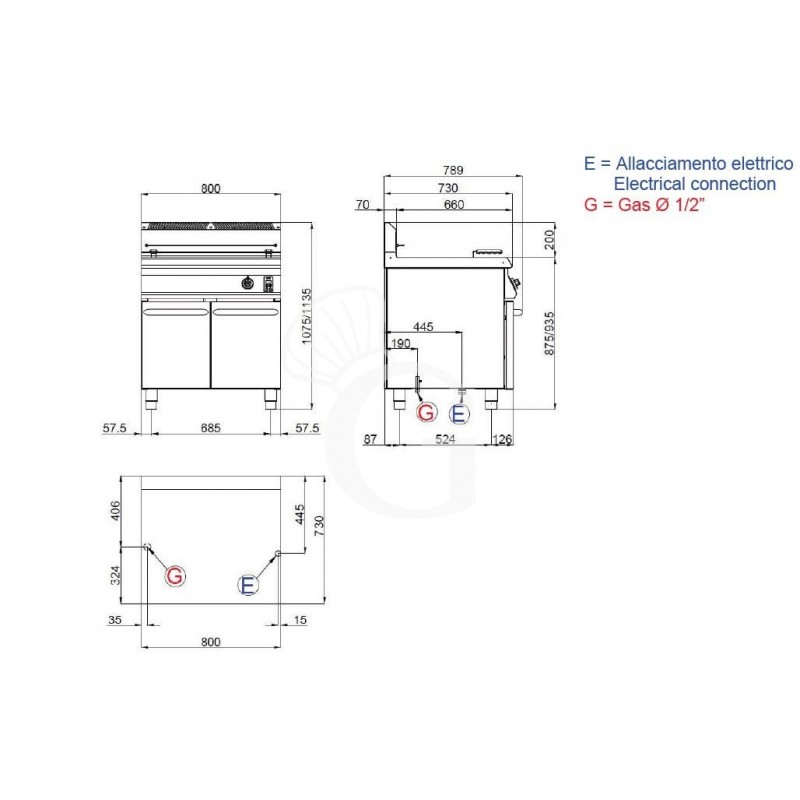 SCheda tecnica friggitrice elettronica a gas per pasticceria su mobile con 1 vasca di capacità 45 litri