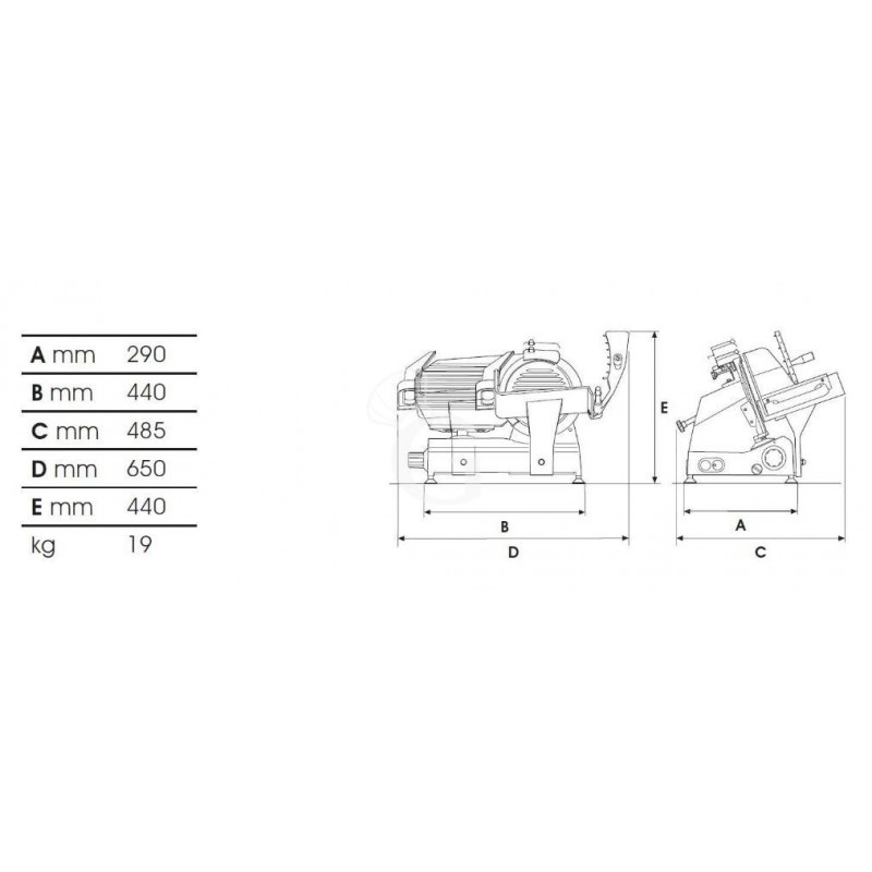 Scheda tecnica affettatrice a gravità in alluminio, lama diametro 300 mm, affilatoio fisso e taglio utile L 220 mm x H 210 mm