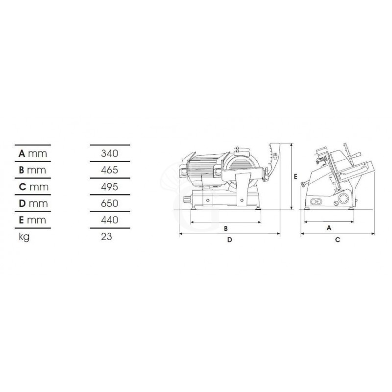 Scheda tecnica affettatrice a gravità in alluminio, lama diametro 300 mm, affilatoio fisso e taglio utile L 220 mm x H 220 mm