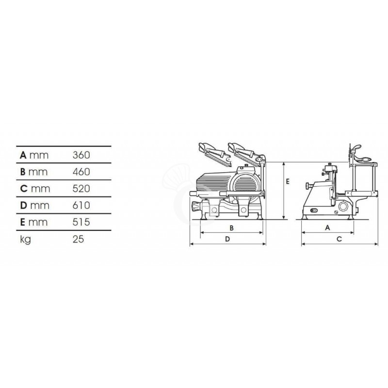 Scheda tecnica affettatrice taglia salumi verticale in alluminio, lama diametro 250 mm, affilatoio fisso