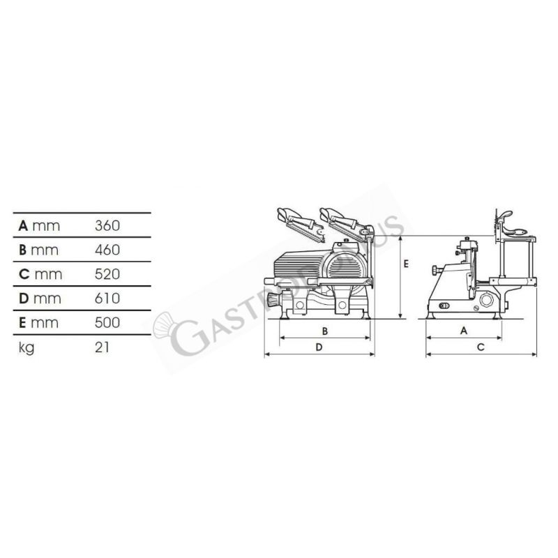 Scheda tecnica affettatrice taglia carne verticale in alluminio, lama diametro 250 mm, affilatoio fisso