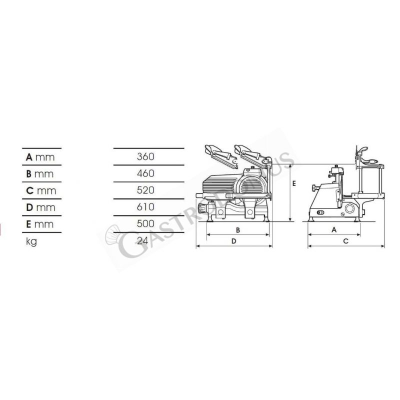 Scheda tecnica affettatrice taglia carne verticale in alluminio, lama diametro 300 mm, affilatoio fisso