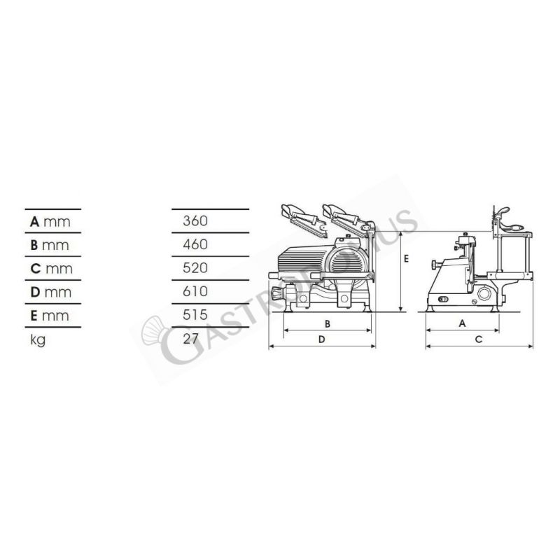 Scheda tecnica affettatrice taglia salumi verticale in alluminio, lama diametro 300 mm, affilatoio fisso