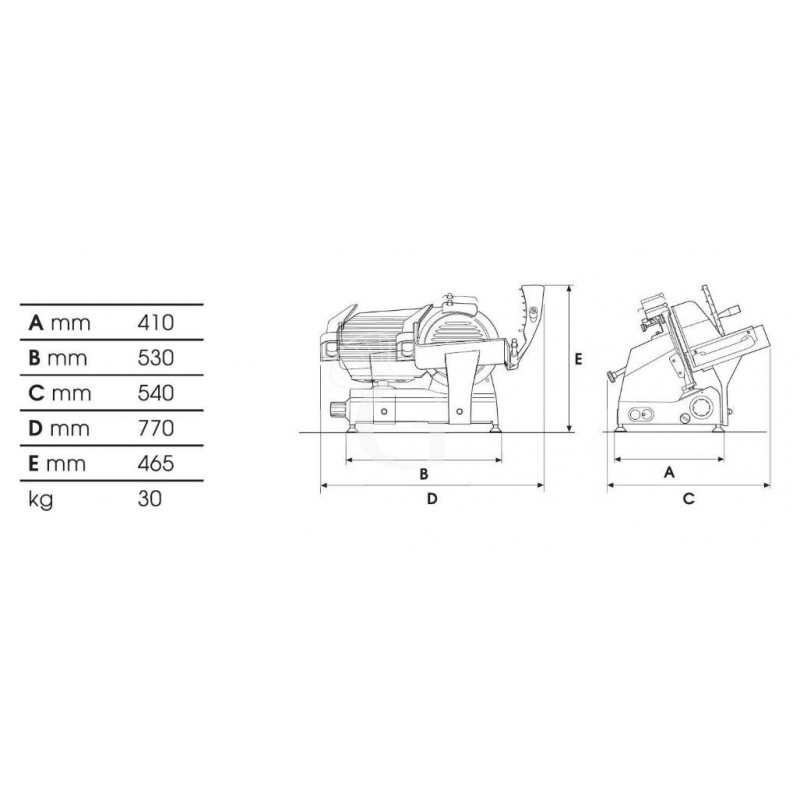 Scheda tecnica affettatrice a gravità in alluminio, lama diametro 300 mm, affilatoio fisso e motore 0,5 hp