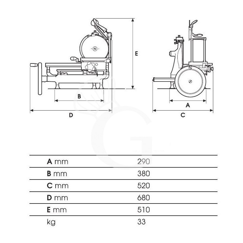 Scheda tecnica affettatrice a volano in alluminio con verniciatura a fuoco, lama diametro 250 mm, taglio utile L 185 x H 150 mm