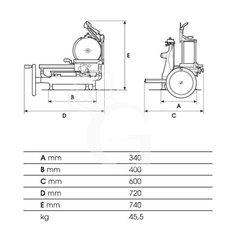 Scheda tecnica affettatrice a volano in alluminio con verniciatura a fuoco, lama diametro 300 mm, taglio utile L 230 x H 190 mm