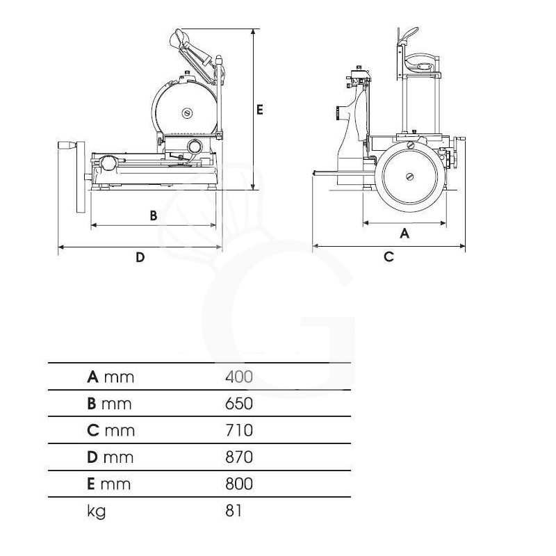 Scheda tecnica affettatrice a volano in alluminio con verniciatura a fuoco, lama diametro 350 mm, taglio utile L 270 x H 240 mm