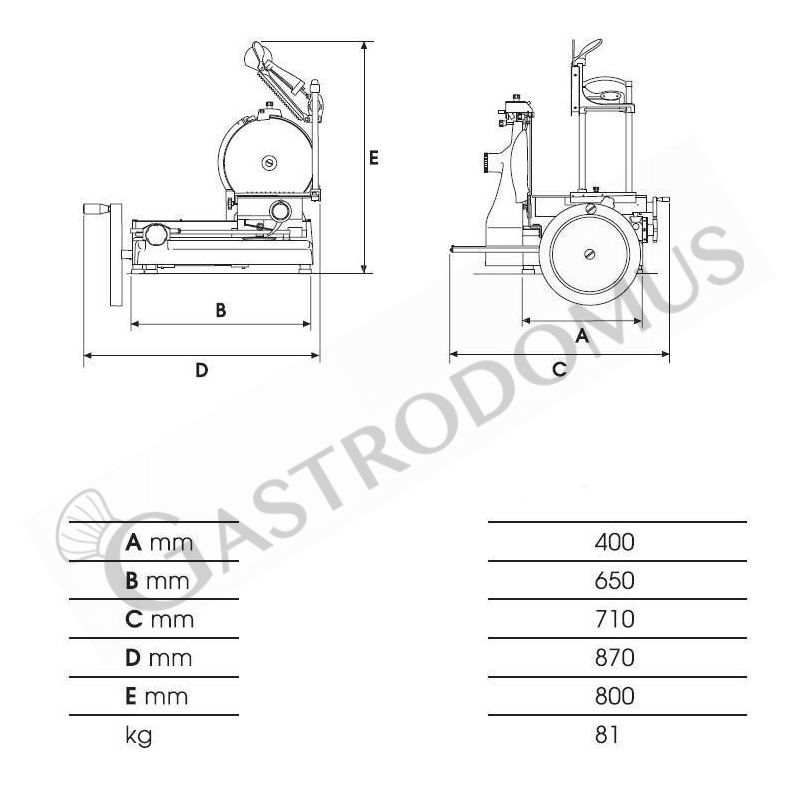 Scheda tecnica affettatrice a volano in alluminio con verniciatura a fuoco, lama diametro 370 mm, taglio utile L 270 x H 250 mm