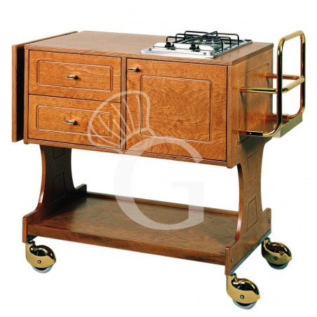 Carrello di servizio Flambè con 1 piastra e 1 fuoco L 1450 mm x P 580 mm x H 910 mm Carrello di servizio Flambè con 1 piastra e 1 fuoco L 1450 mm x P 580 mm x H 910 mm