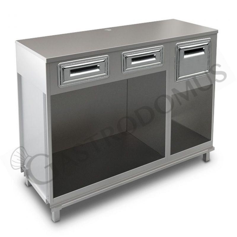 Bancone bar per macchina caffè top in inox, 2 cassetti di servizio e tramoggia battifiltro - L 1500 mm x P 550 mm x H 1140 mm Bancone bar per macchina caffè top in inox, 2 cassetti di servizio e tramoggia battifiltro - L 1500 mm x P 550 mm x H 1140 mm