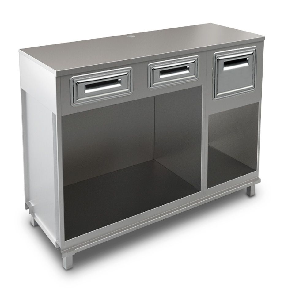 Bancone bar per macchina caffè top in inox, 2 cassetti di servizio e tramoggia battifiltro - L 1500 mm x P 550 mm x H 1140 mm