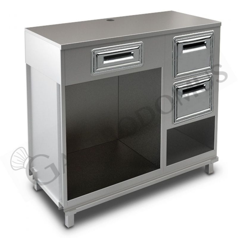 Bancone con top inox, cassetto di servizio e tramoggia battifiltro con riserva - L 1250 mm x P 550 mm x H 1140 mm Bancone con top inox, cassetto di servizio e tramoggia battifiltro con riserva - L 1250 mm x P 550 mm x H 1140 mm