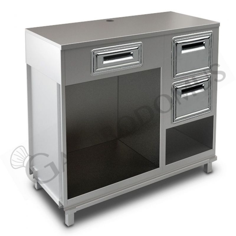 Bancone con top inox, cassetto di servizio e tramoggia battifiltro con riserva - L 1250 mm x P 670 mm x H 1140 mm Bancone con top inox, cassetto di servizio e tramoggia battifiltro con riserva - L 1250 mm x P 670 mm x H 1140 mm