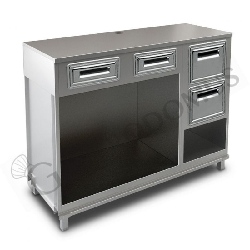 Bancone con top inox, 2 cassetti di servizio e tramoggia battifiltro con riserva - L 1500 mm x P 550 mm x H 1140 mm Bancone con top inox, 2 cassetti di servizio e tramoggia battifiltro con riserva - L 1500 mm x P 550 mm x H 1140 mm