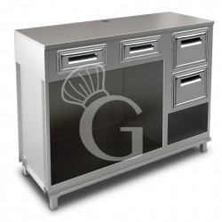 Bancone con top inox, 2 cassetti di servizio e tramoggia battifiltro con riserva - L 1500 mm x P 670 mm x H 1140 mm