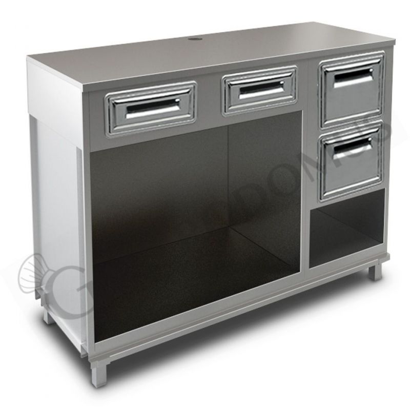 Bancone con top inox, 2 cassetti di servizio e tramoggia battifiltro con riserva - L 1500 mm x P 670 mm x H 1140 mm Bancone con top inox, 2 cassetti di servizio e tramoggia battifiltro con riserva - L 1500 mm x P 670 mm x H 1140 mm