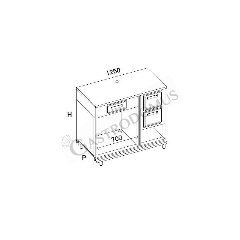 Bancone con top inox, cassetto di servizio e tramoggia battifiltro con riserva - L 1250 mm x P 670 mm x H 1140 mm