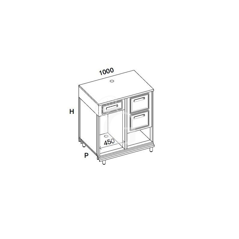 Bancone con top inox, cassetto di servizio e tramoggia battifiltro con riserva - L 1000 mm x P 670 mm x H 1140 mm