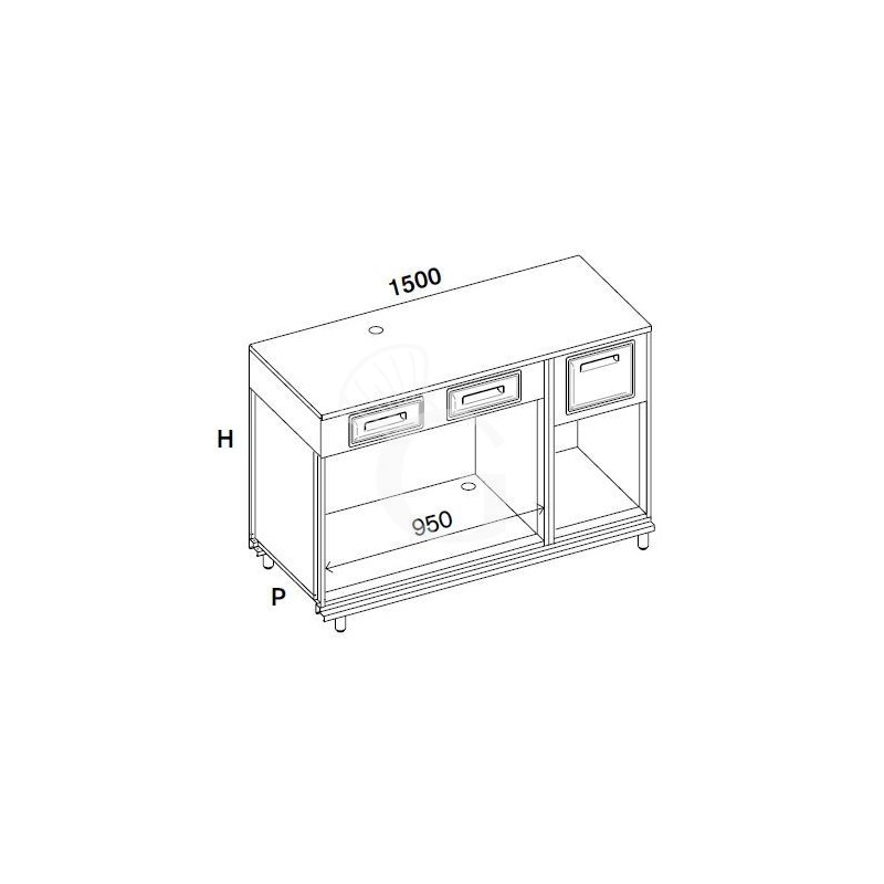 Bancone bar per macchina caffè top in inox, 2 cassetti di servizio e tramoggia battifiltro - L 1500 mm x P 670 mm x H 1140 mm