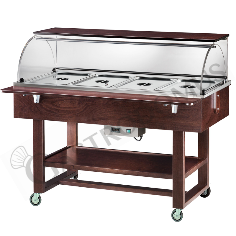 Espositore caldo bagnomaria in legno wengé con cupola e mensola per 4 bacinelle GN1/1, temperatura +30°C/+90°C Espositore caldo bagnomaria in legno wengé con cupola e mensola per 4 bacinelle GN1/1, temperatura +30°C/+90°C