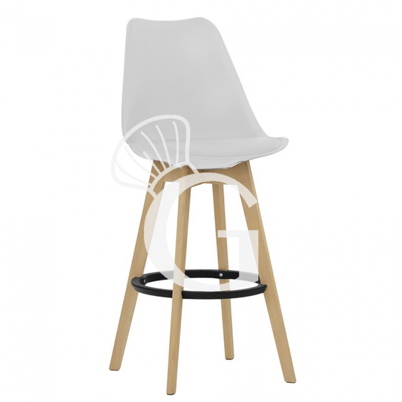 Sgabello Ghibli con struttura in legno di quercia, scocca in polipropilene e seduta in ecopelle, colore bianco