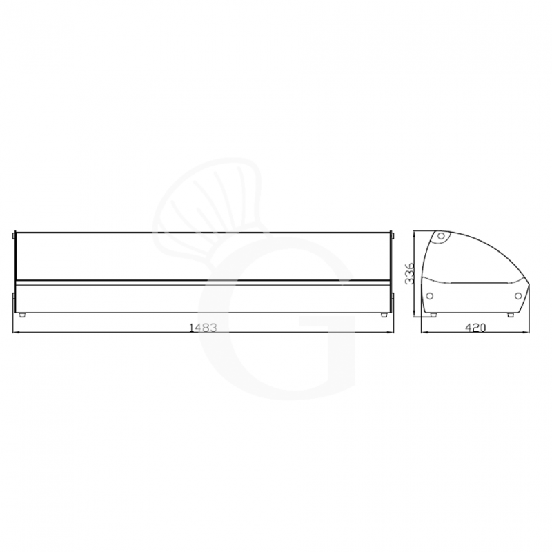 Disegno tecnico Vetrina Riscaldata inox e vetro 8 bacinelle GN1/3 H 40 mm L 1483 mm x P 420 mm x H 336 mm