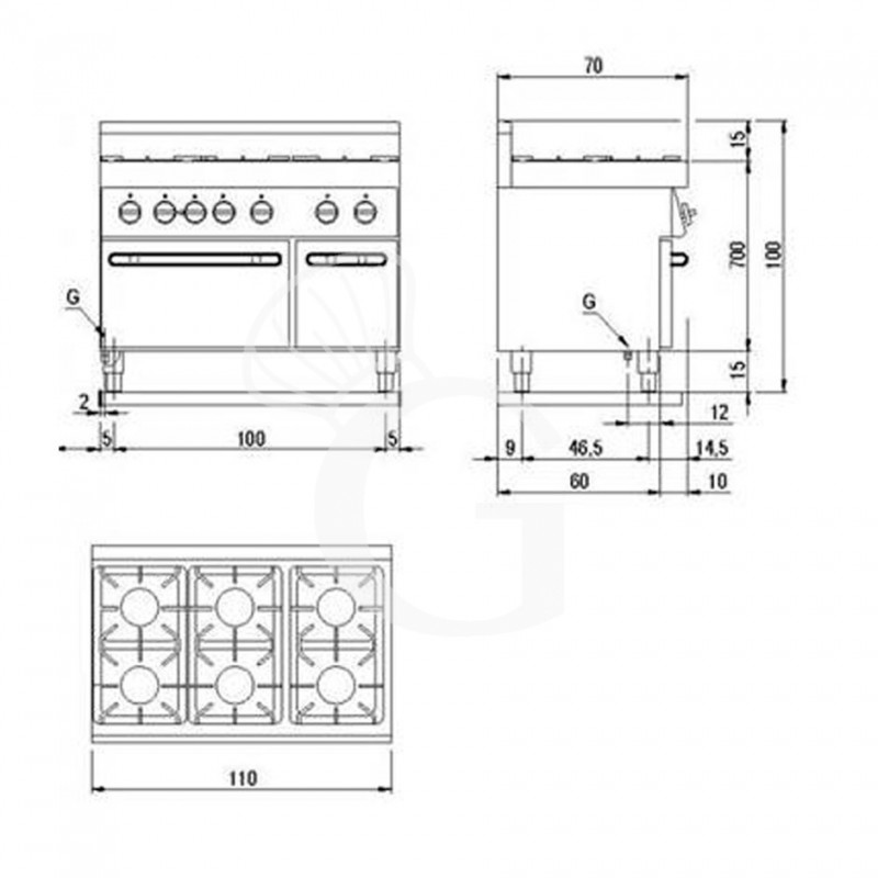 Scheda tecnica cucina professionale a gas 6 fuochi forno a gas armadio neutro profondità 700 mm