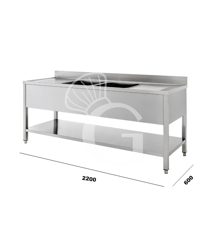 Lavello inox 2 vasche 2 gocciolatoi, mis.2200x600, per cucina