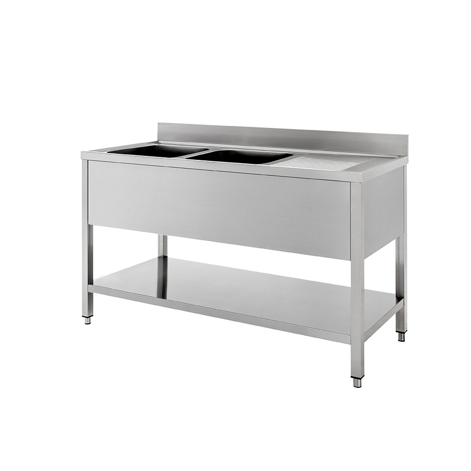 Lavello inox 2 vasche 1 gocciolatoio, misure 1400x700mm