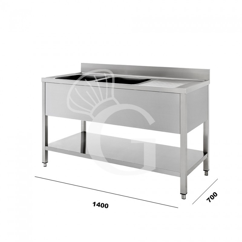 Lavello inox 2 vasche 1 gocciolatoio, misure 1400x700mm per cucina
