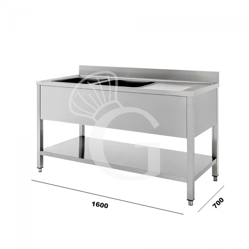 Lavello inox 2 vasche 1 gocciolatoio, misure 1600x700mm per cucina
