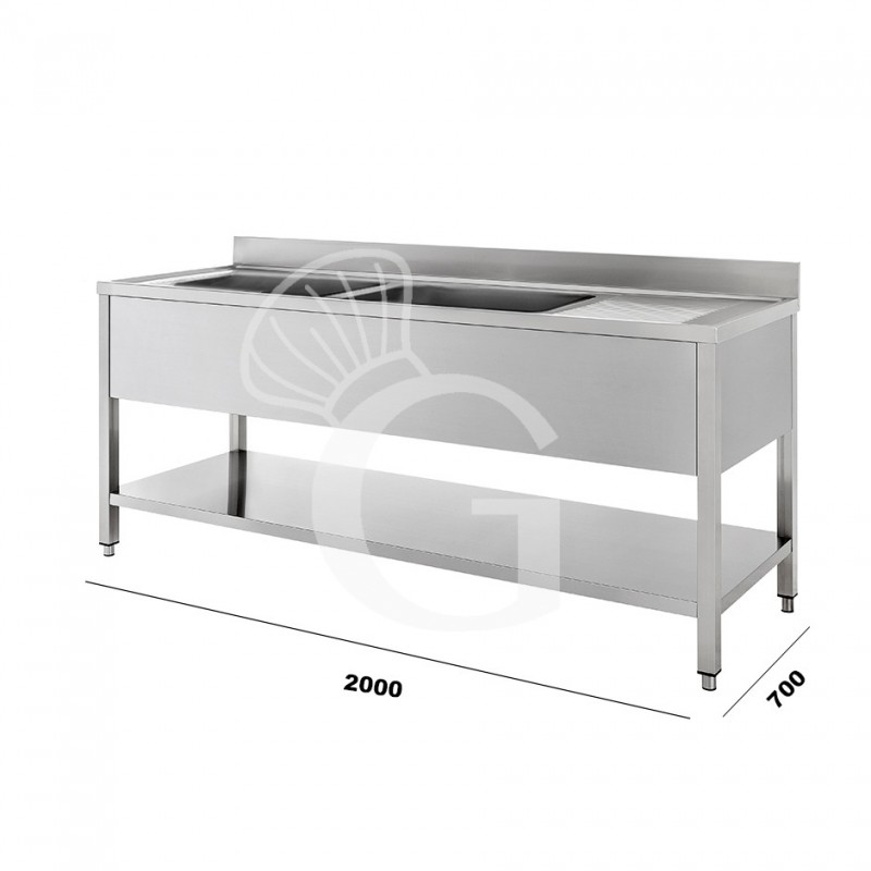 Lavello inox 2 vasche 1 gocciolatoio, misure 2000x700mm per cucina